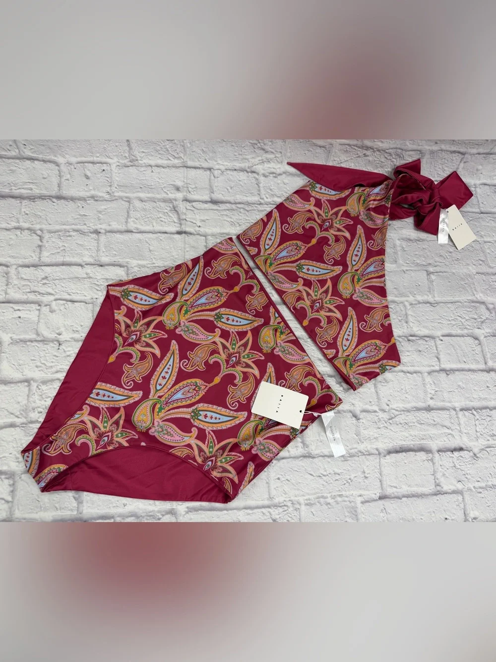 BAIIA One Shoulder Sangria Pink Paisley Reversible Bikini Bottom 18 Top 16 NWT's